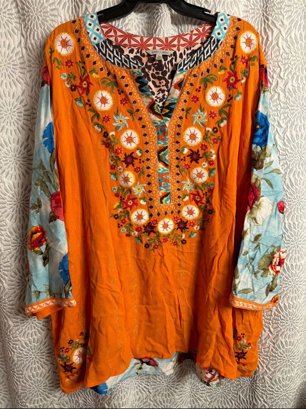 John Mark Orange Embroidered Floral V-Neck Tunic with Blue Contrast Sleeves